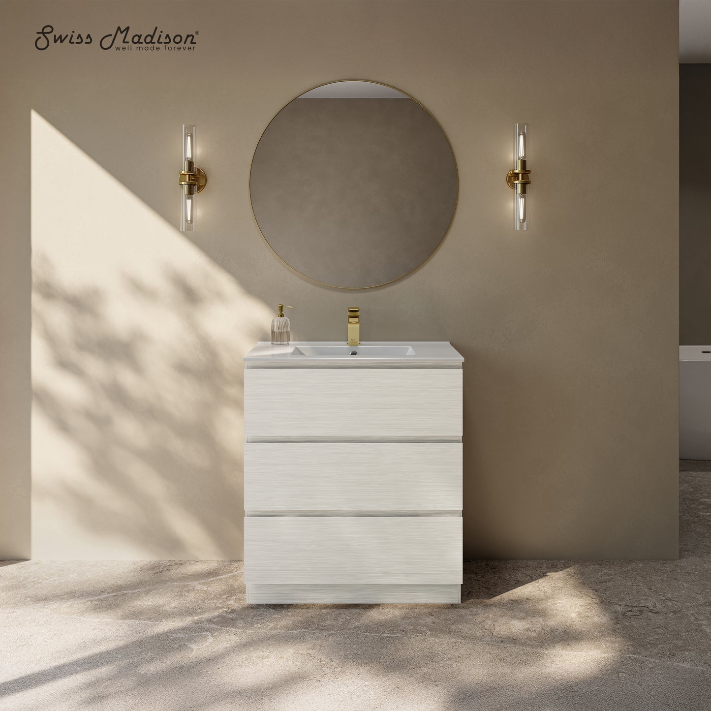 Swiss Madison, Liberte 30" Freestanding Bathroom Vanity in White Oak with Sink Top