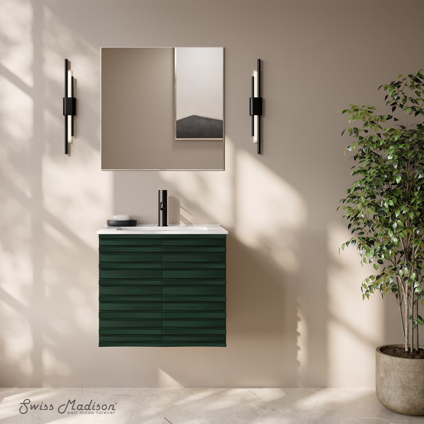 Swiss Madison, Cascade 24" Wall-Mounted Bathroom Vanity in Green Oak with Sink Top