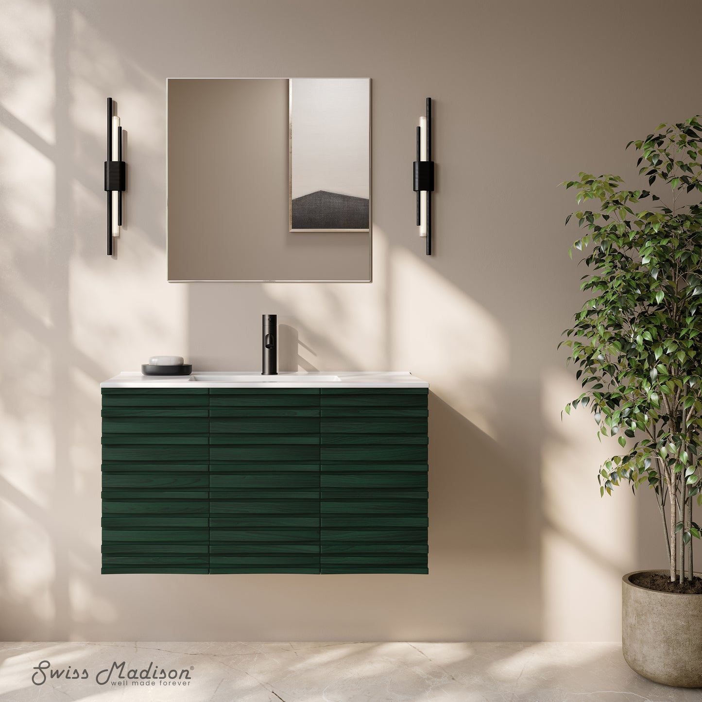 Swiss Madison, Cascade 36" Wall-Mounted Bathroom Vanity in Green Oak with Sink Top