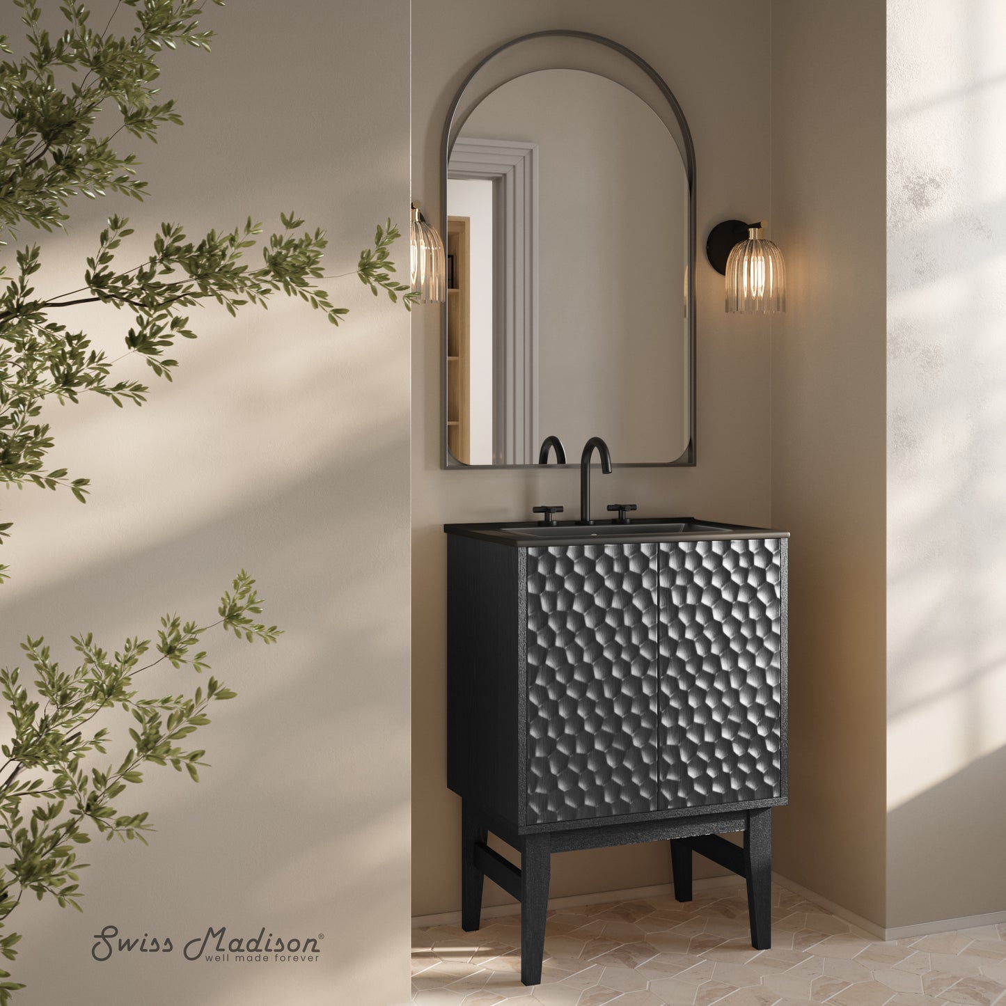 Swiss Madison, Bosse 24" Freestanding Bathroom Vanity in Black Oak with Black 3-Hole Centerset Sink Top
