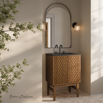 Swiss Madison, Bosse 24" Freestanding Bathroom Vanity in Brown Oak with Black 3-Hole Centerset Sink Top