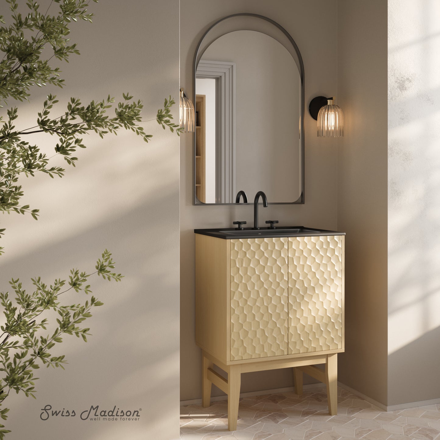 Swiss Madison, Bosse 24" Freestanding Bathroom Vanity in Natural Oak with Black 3-Hole Centerset Sink Top