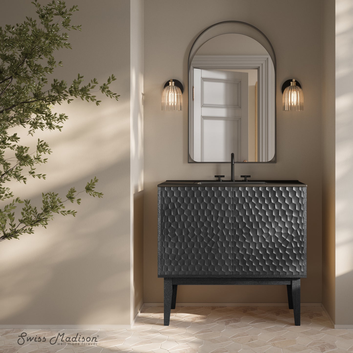 Swiss Madison, Bosse 36" Freestanding Bathroom Vanity in Black Oak with Black 3-Hole Widespread Sink Top