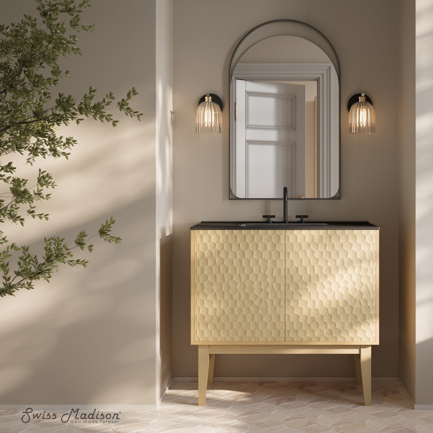 Swiss Madison, Bosse 36" Freestanding Bathroom Vanity in Natural Oak with Black 3-Hole Widespread Sink Top