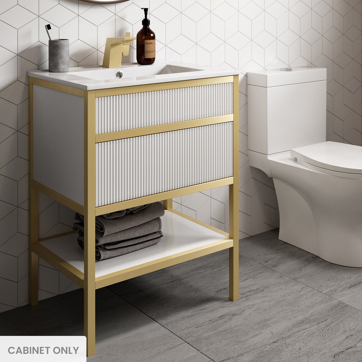 Swiss Madison, Cache 24 Freestanding, Bathroom Vanity in White and Gold Cabinet Only