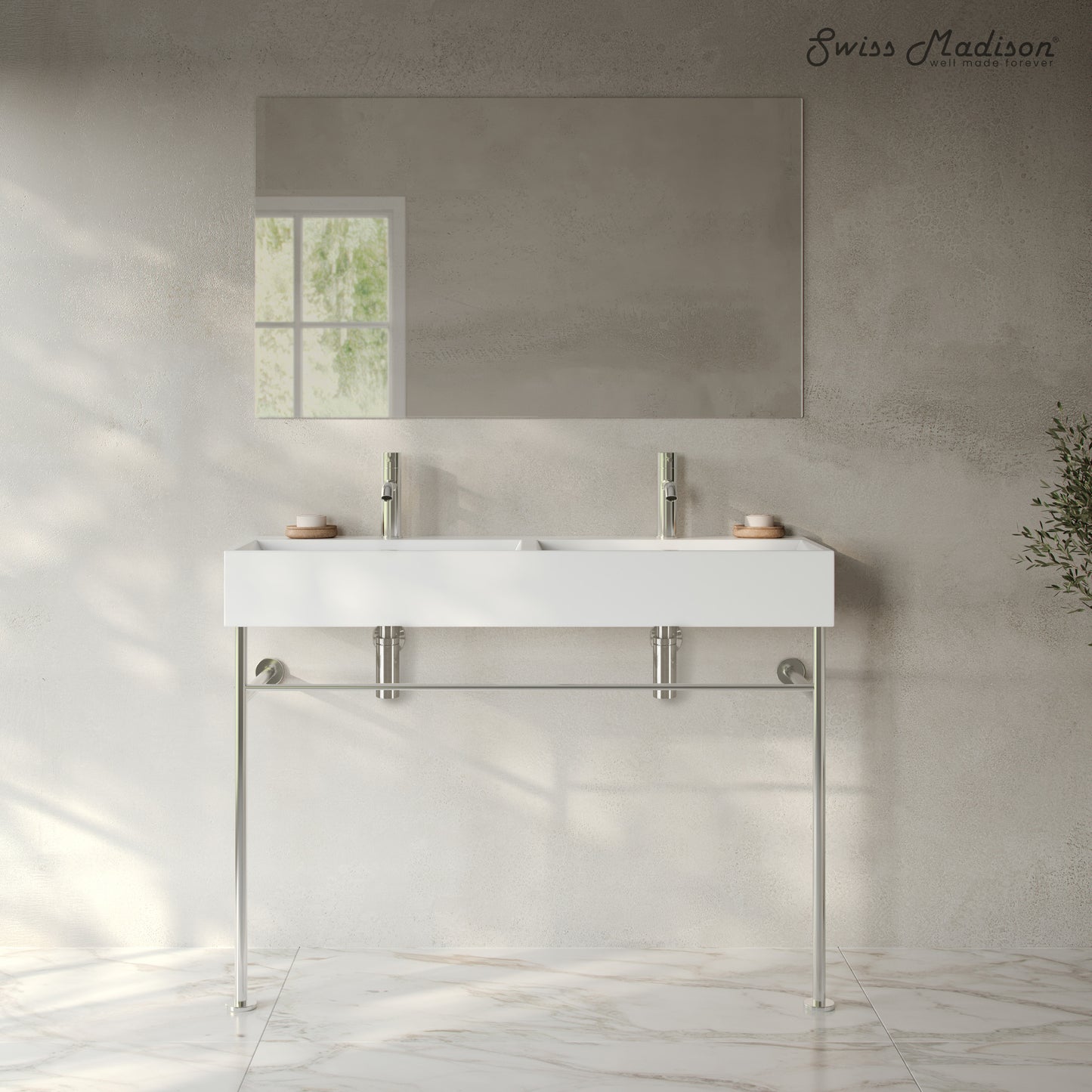Swiss Madison, Claire 48" Double Basin Console Sink with Polished Chrome Legs