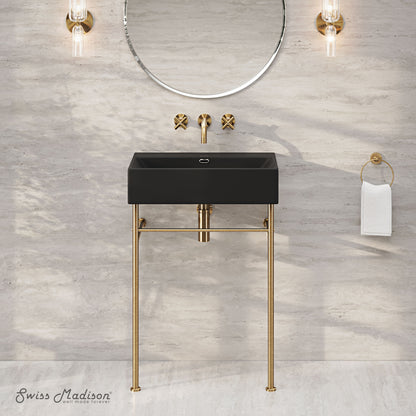 Swiss Madison, Claire 24" Rectangle Matte Black Zero Hole Console Sink with Brushed Gold Legs