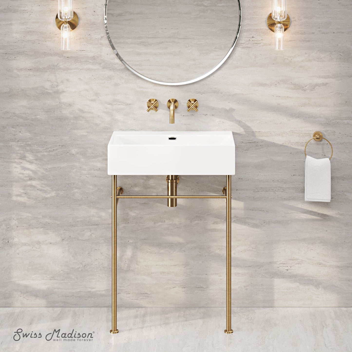 Swiss Madison, Claire 24" Rectangle Zero Hole Console Sink with Brushed Gold Legs