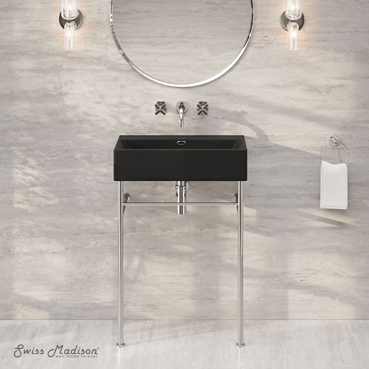 Swiss Madison, Claire 24" Rectangle Matte Black Zero Hole Console Sink with Polished Chrome Legs