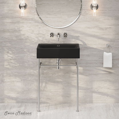 Swiss Madison, Claire 24" Rectangle Matte Black Zero Hole Console Sink with Polished Chrome Legs