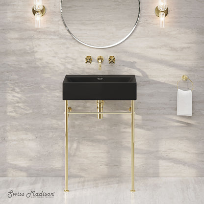 Swiss Madison, Claire 24" Rectangle Matte Black Zero Hole Console Sink with Glossy Gold Legs