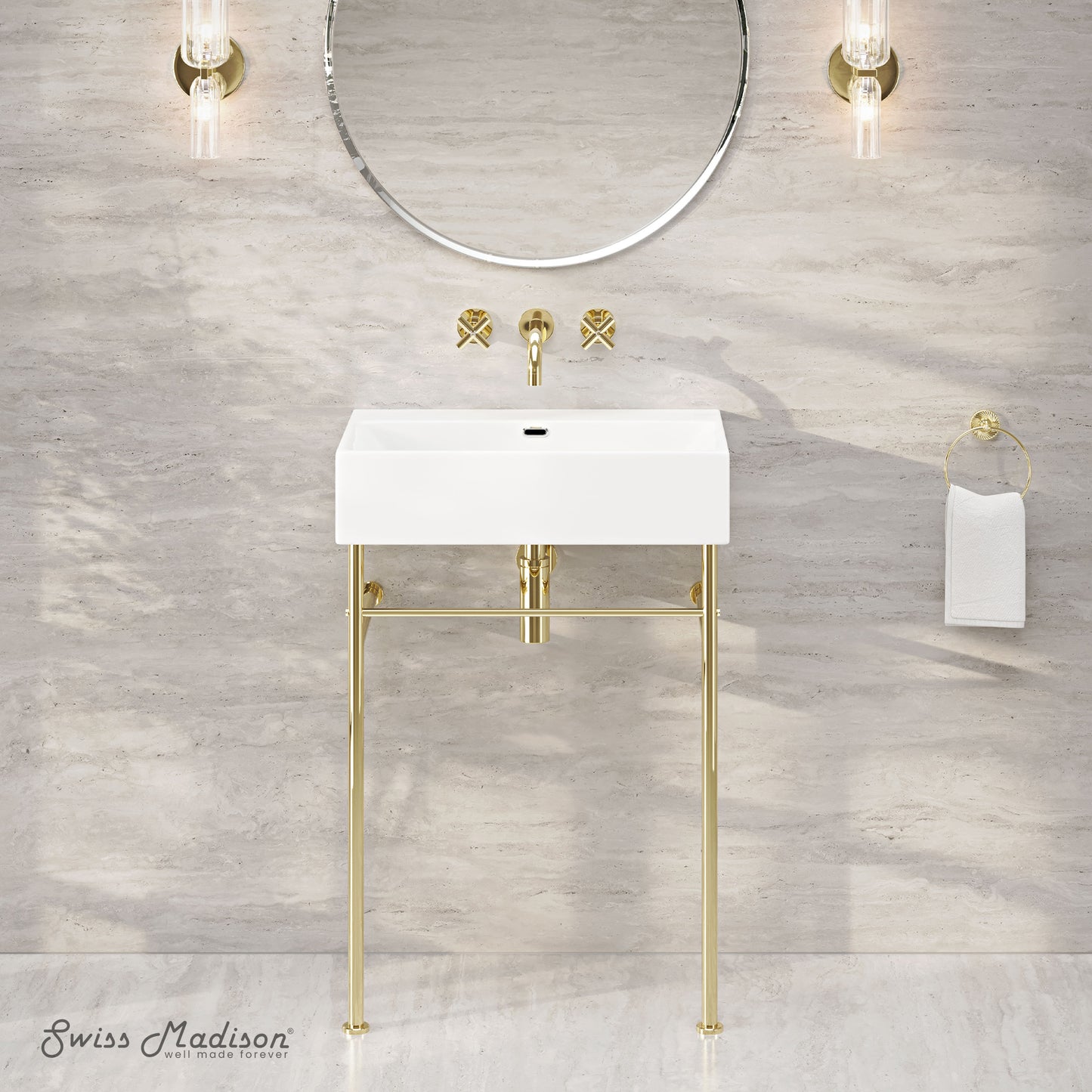 Swiss Madison, Claire 24" Rectangle Zero Hole Console Sink with Glossy Gold Legs