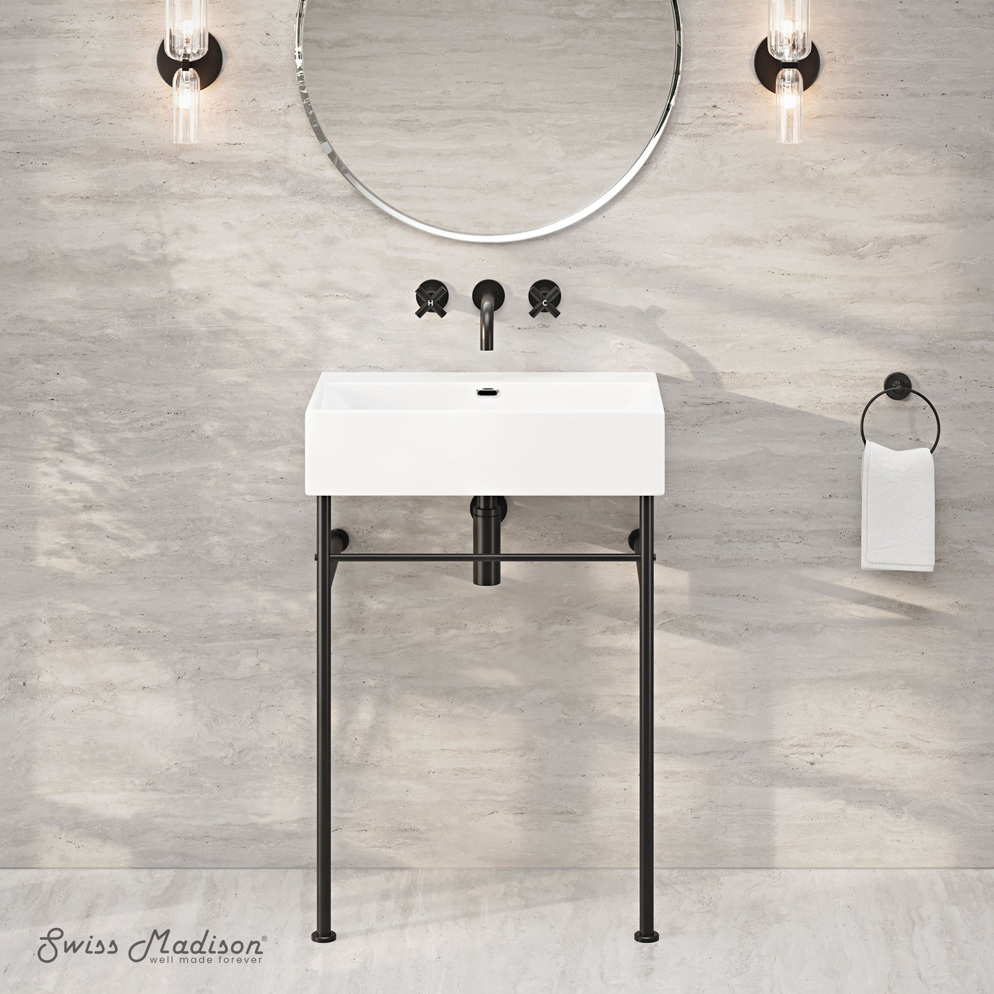 Swiss Madison, Claire 24" Rectangle Zero Hole Console Sink with Matte Black Legs