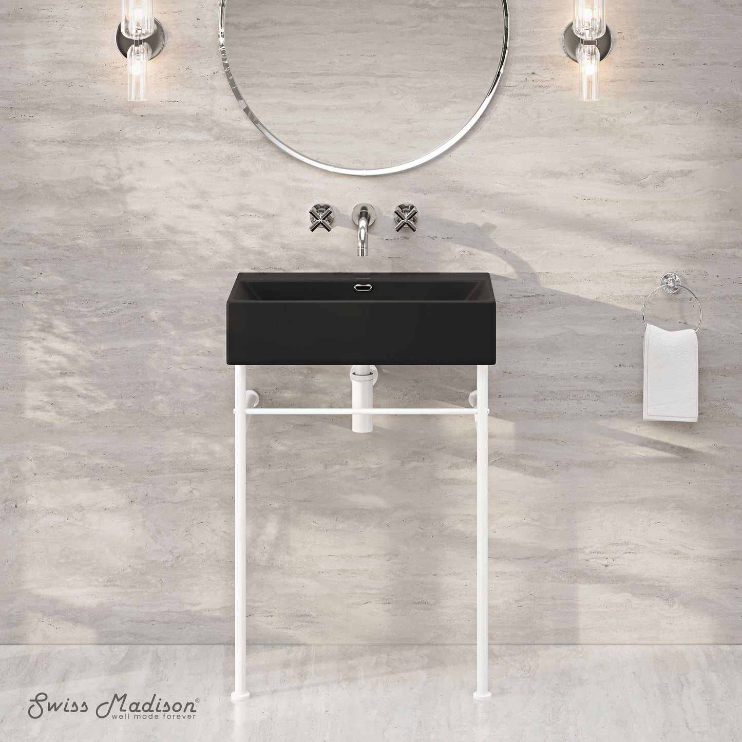 Swiss Madison, Claire 24" Rectangle Matte Black Zero Hole Console Sink with Matte White Legs