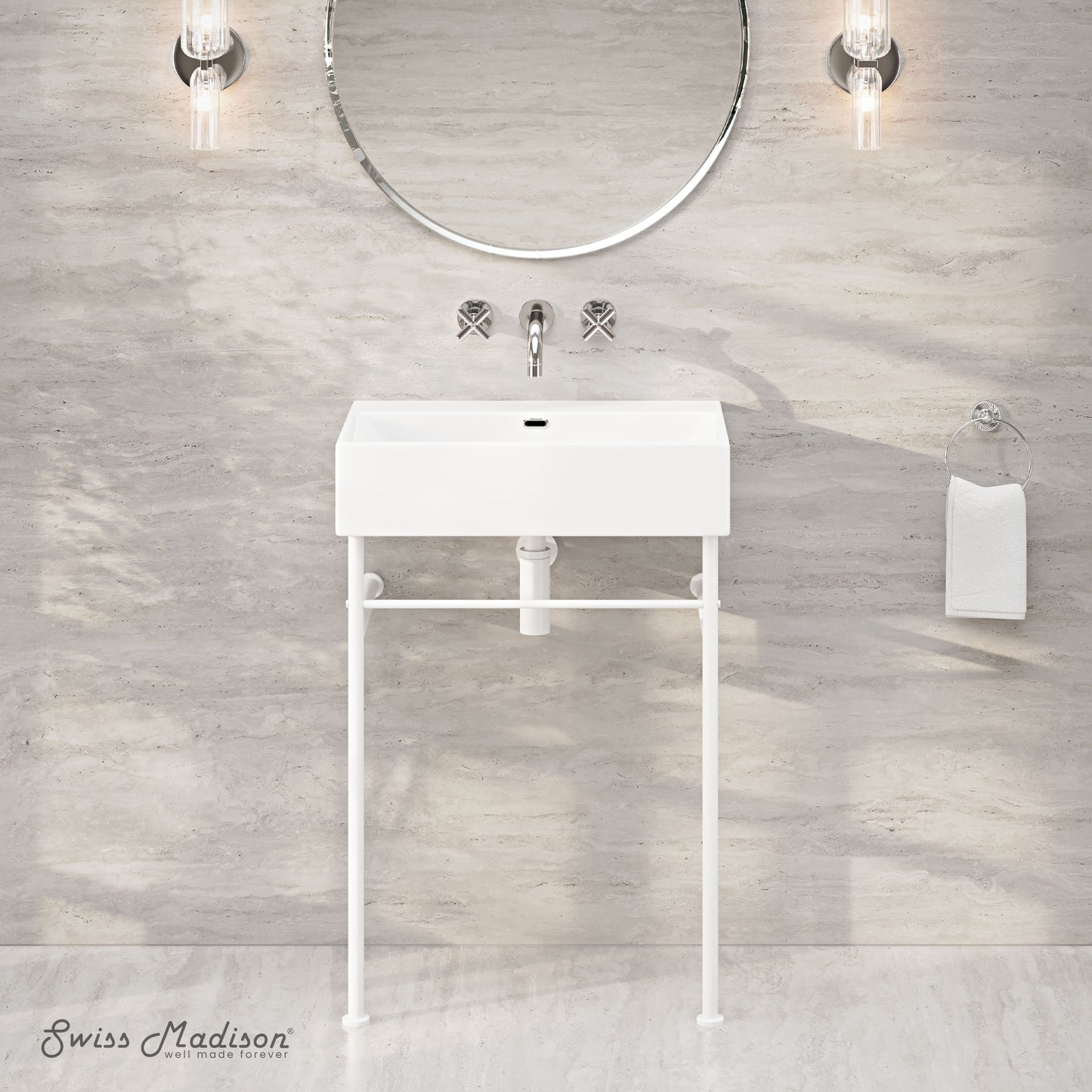 Swiss Madison, Claire 24" Rectangle Zero Hole Console Sink with Matte White Legs