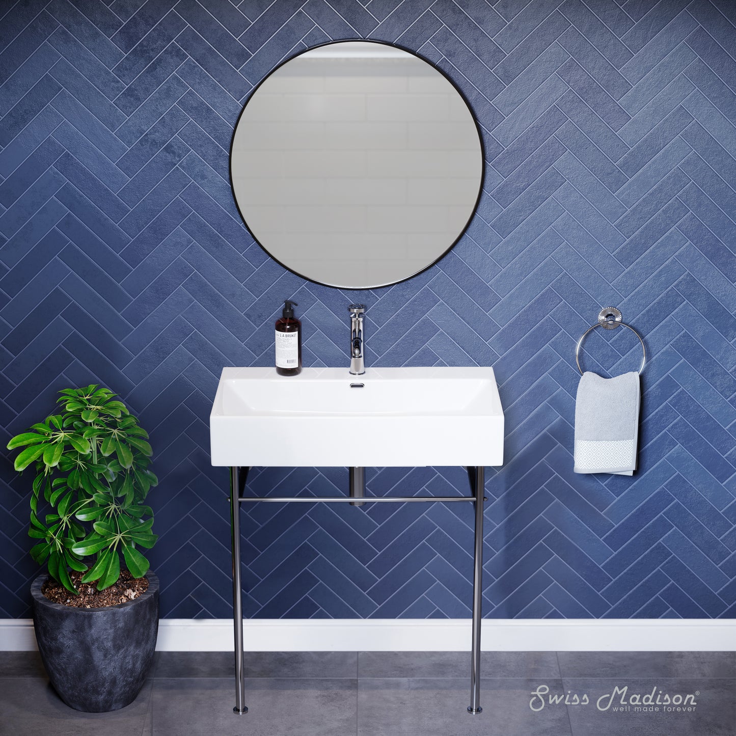 Swiss Madison, Claire 30 Ceramic Console Sink White Basin Chrome Legs