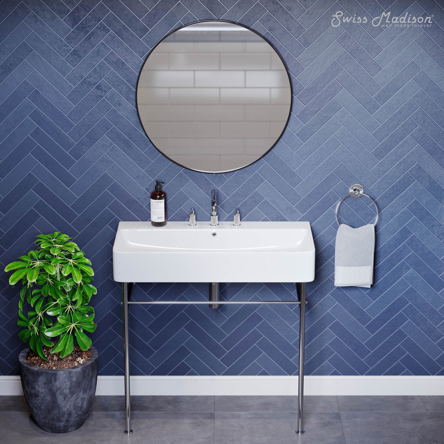 Swiss Madison, Carre 36" Console Sink White Basin Chrome Legs with 8" Widespread Holes