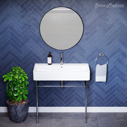 Swiss Madison, Carre 36 Ceramic Console Sink White Basin Chrome Legs