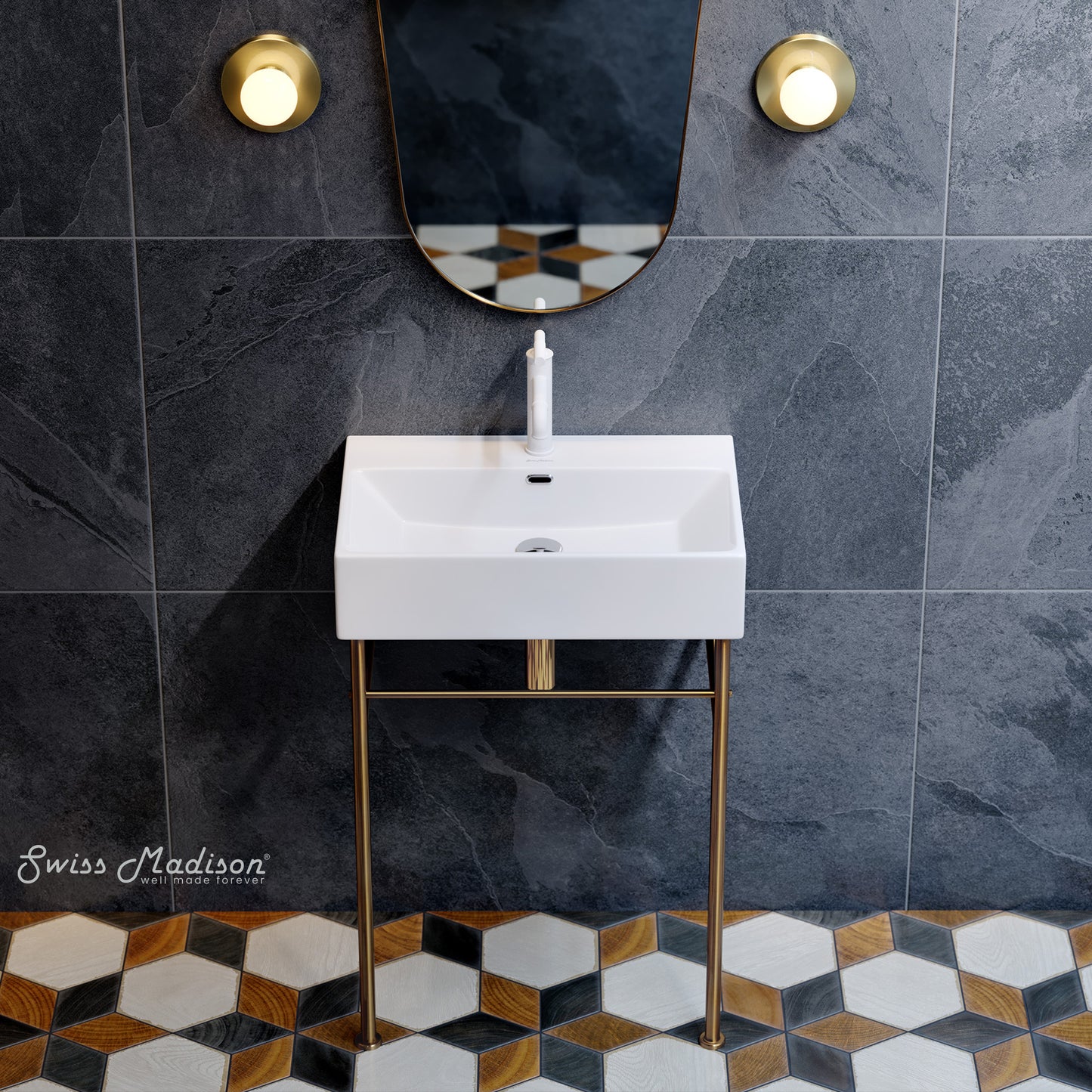 Swiss Madison, Claire 24 Ceramic Console Sink White Basin Brushed Gold Legs