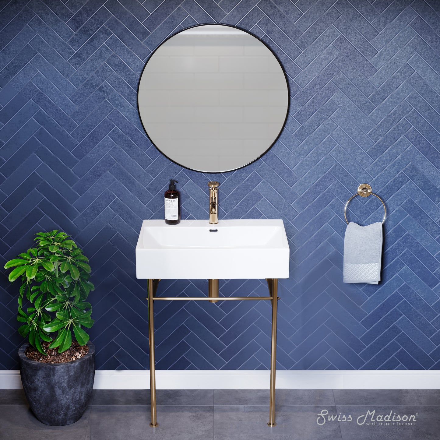 Swiss Madison, Claire 24 Ceramic Console Sink White Basin Gold Legs