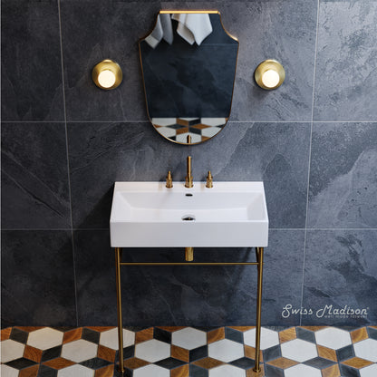 Swiss Madison, Claire 30" Console Sink White Basin Brushed Gold Legs with 8" Widespread Holes