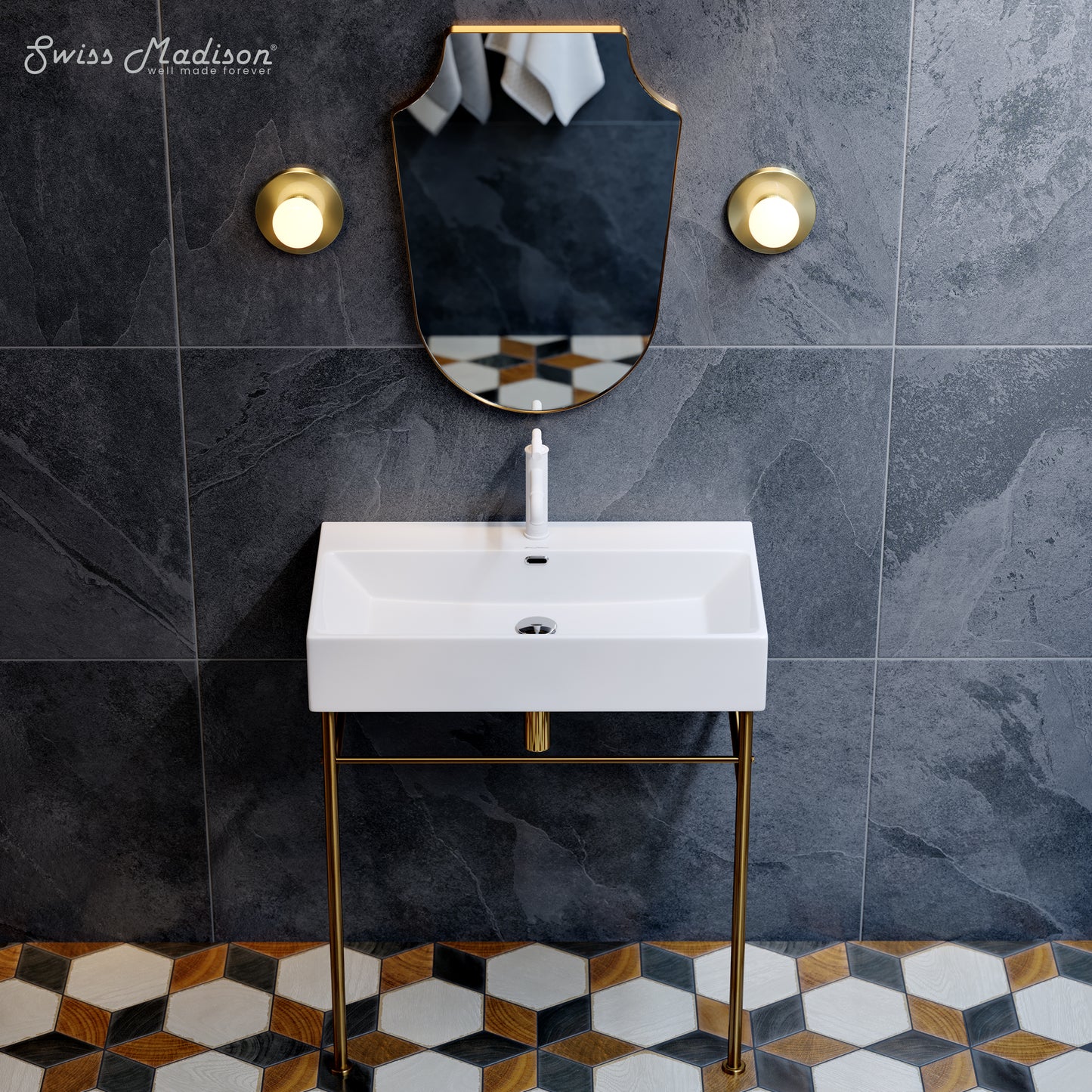 Swiss Madison, Claire 30 Ceramic Console Sink White Basin Brushed Gold Legs