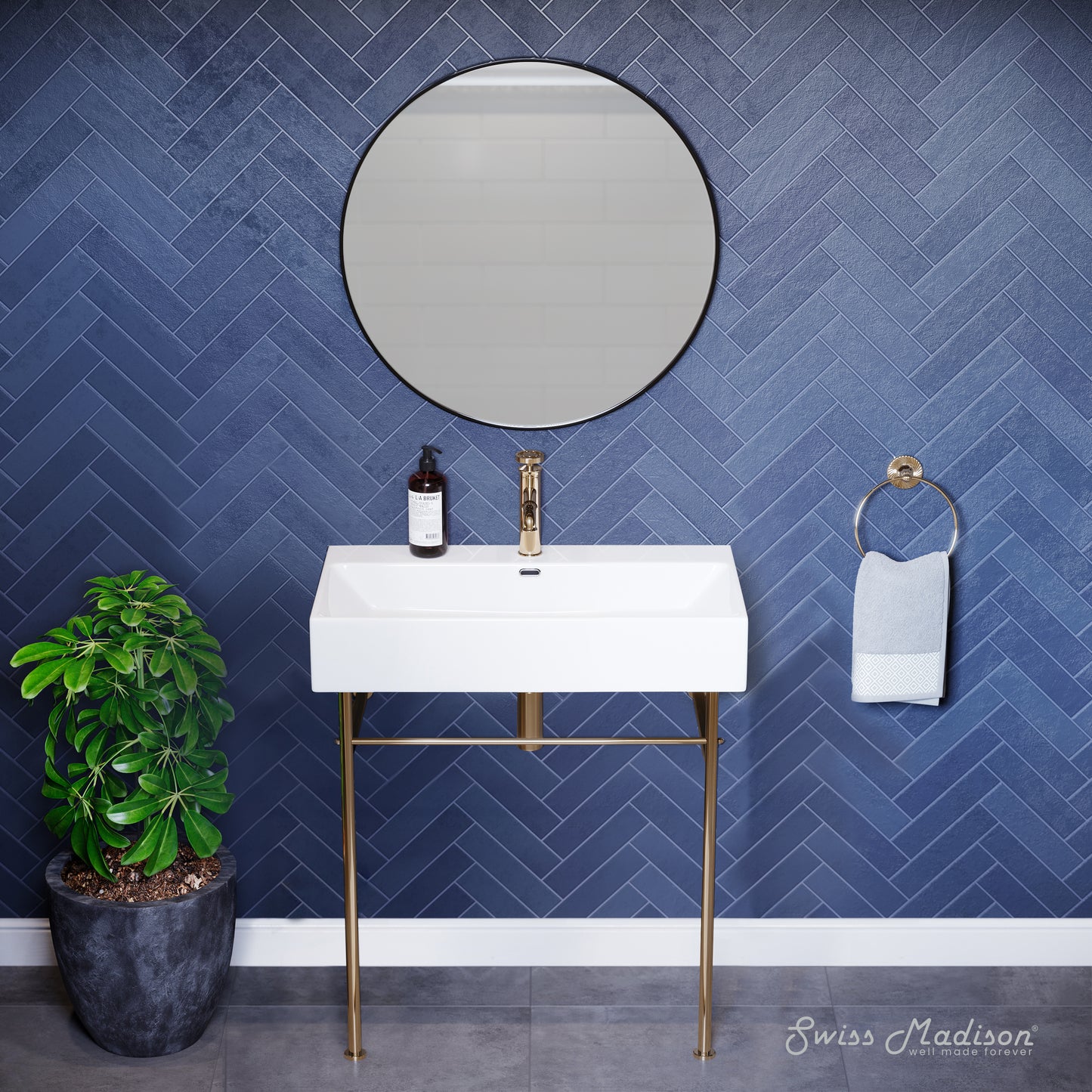 Swiss Madison, Claire 30 Ceramic Console Sink White Basin Gold Legs