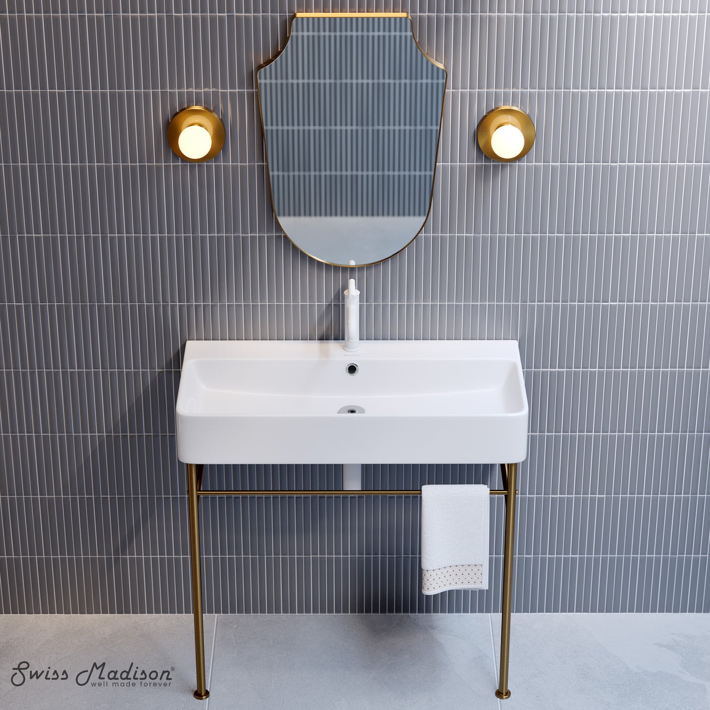 Swiss Madison, Carre 36 Ceramic Console Sink White Basin Brushed Gold Legs