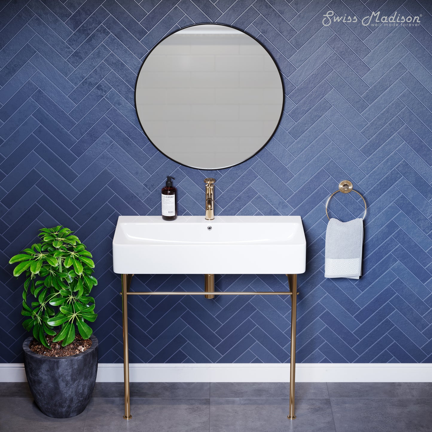 Swiss Madison, Carre 36 Ceramic Console Sink White Basin Gold Legs