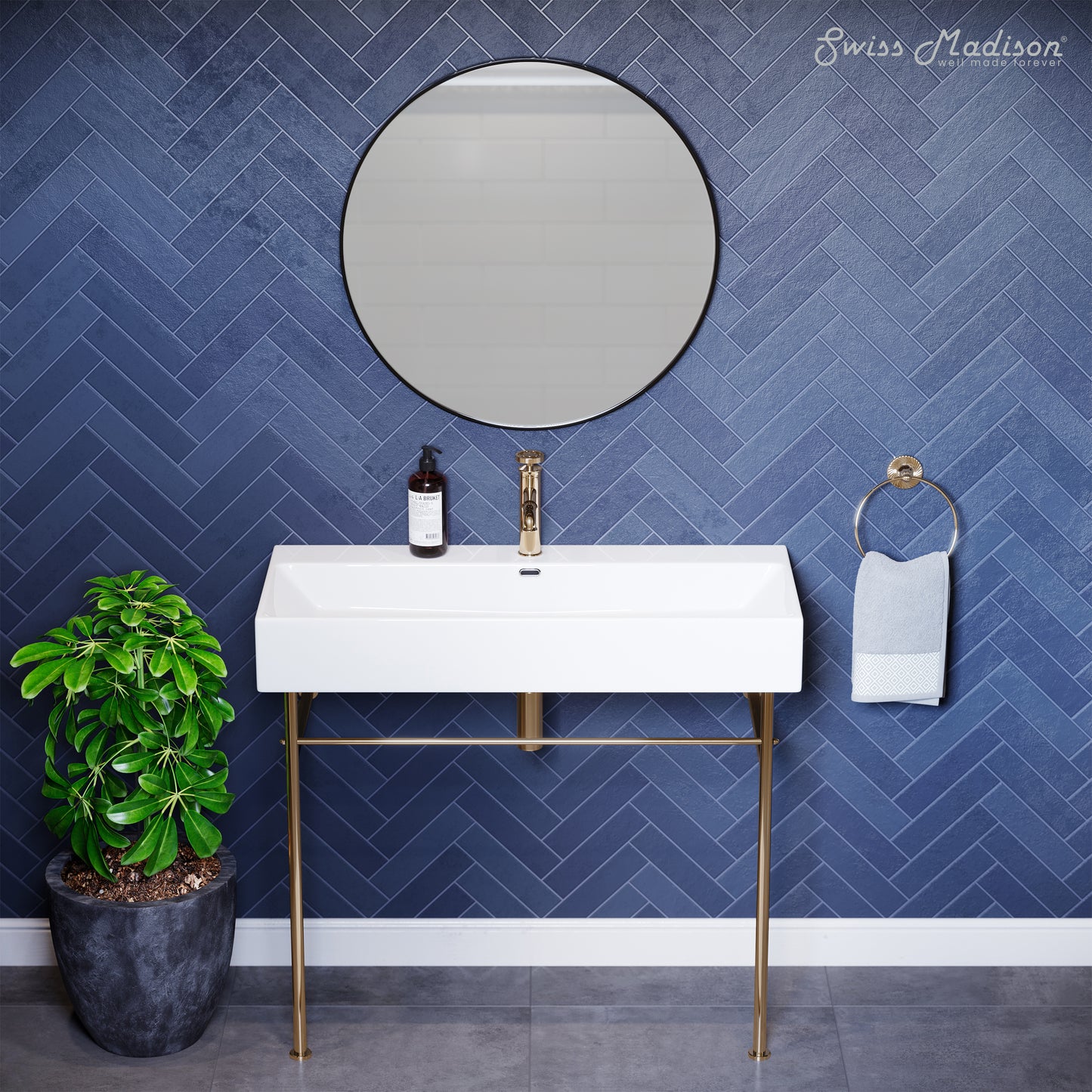 Swiss Madison, Claire 40 Ceramic Console Sink White Basin Gold Legs