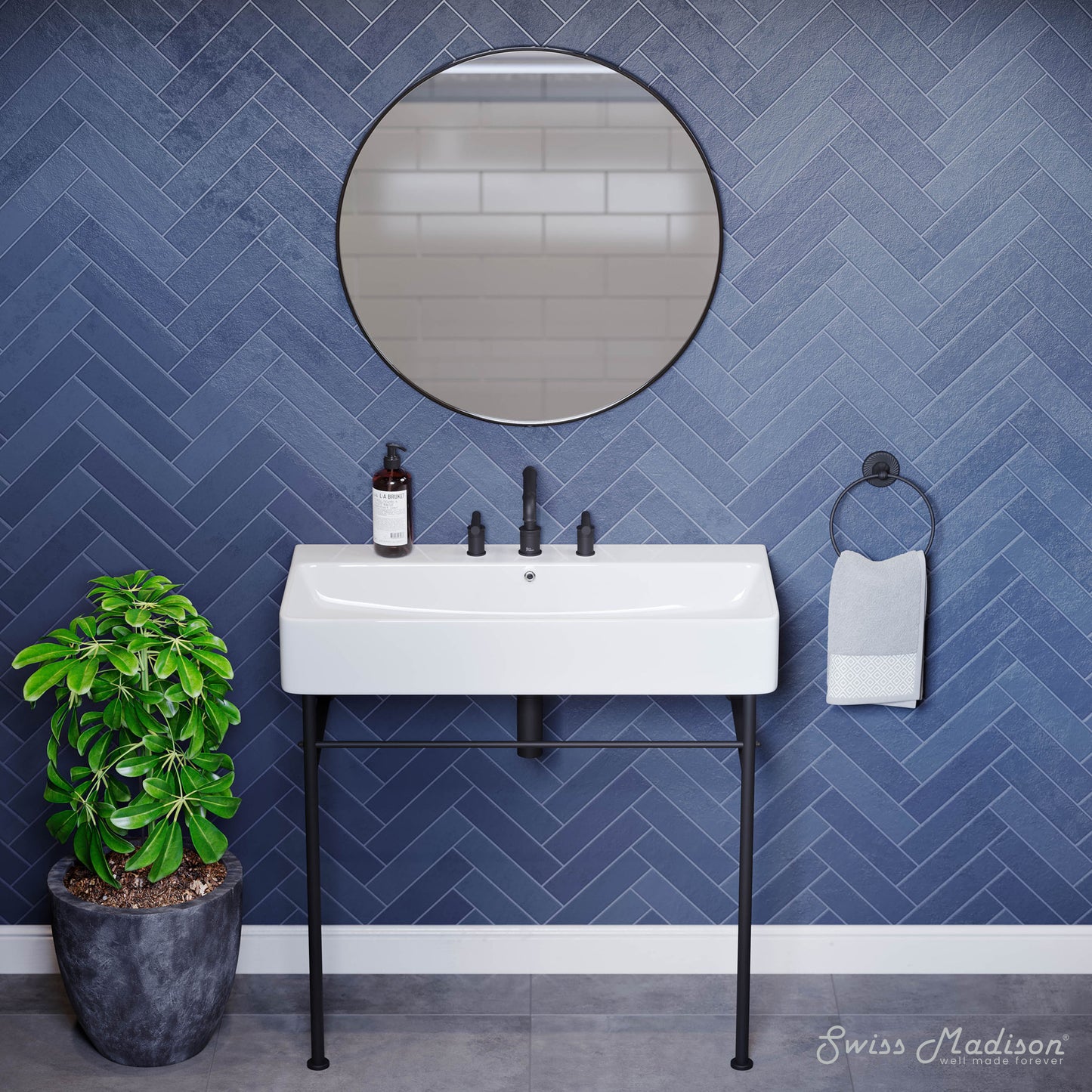 Swiss Madison, Carre 36" Console Sink White Basin Black Legs with 8" Widespread Holes
