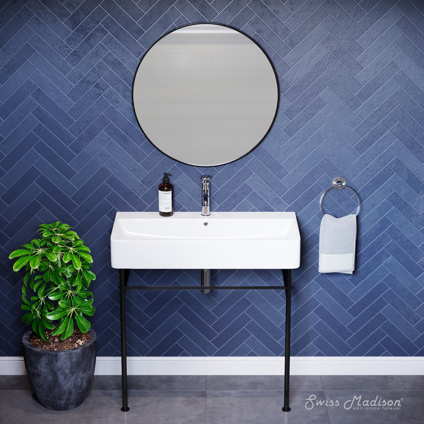 Swiss Madison, Carre 36" Ceramic Console Sink White Basin Black Legs