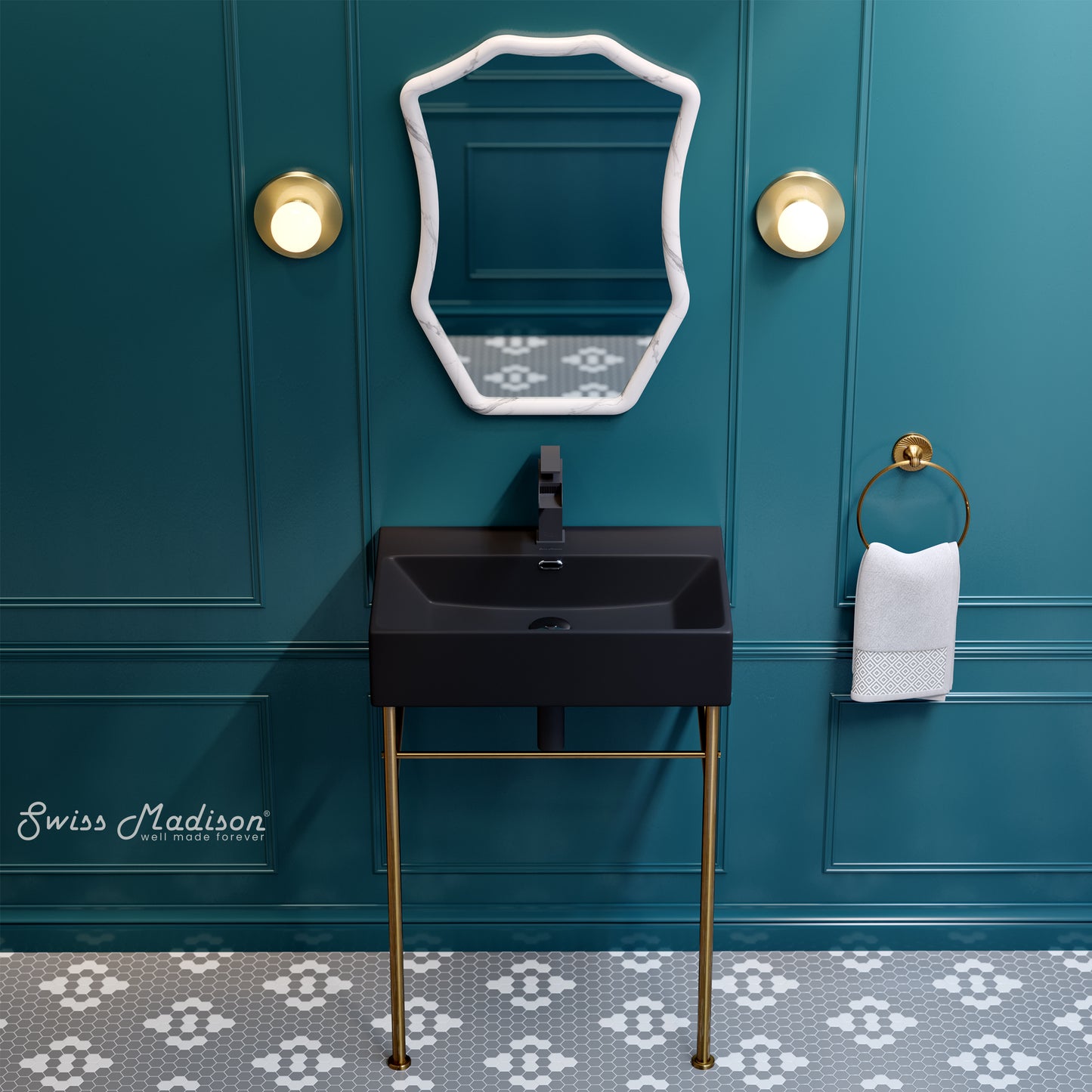 Swiss Madison, Claire 24 Ceramic Console Sink Matte Black Basin Brushed Gold Legs
