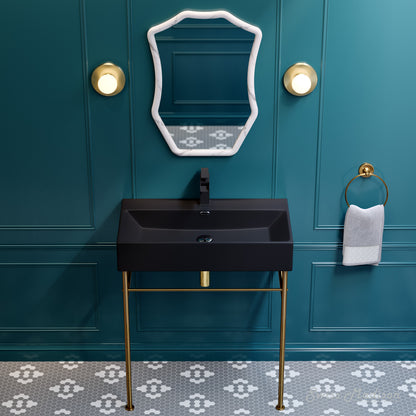 Swiss Madison, Claire 30 Ceramic Console Sink Matte Black Basin Brushed Gold Legs