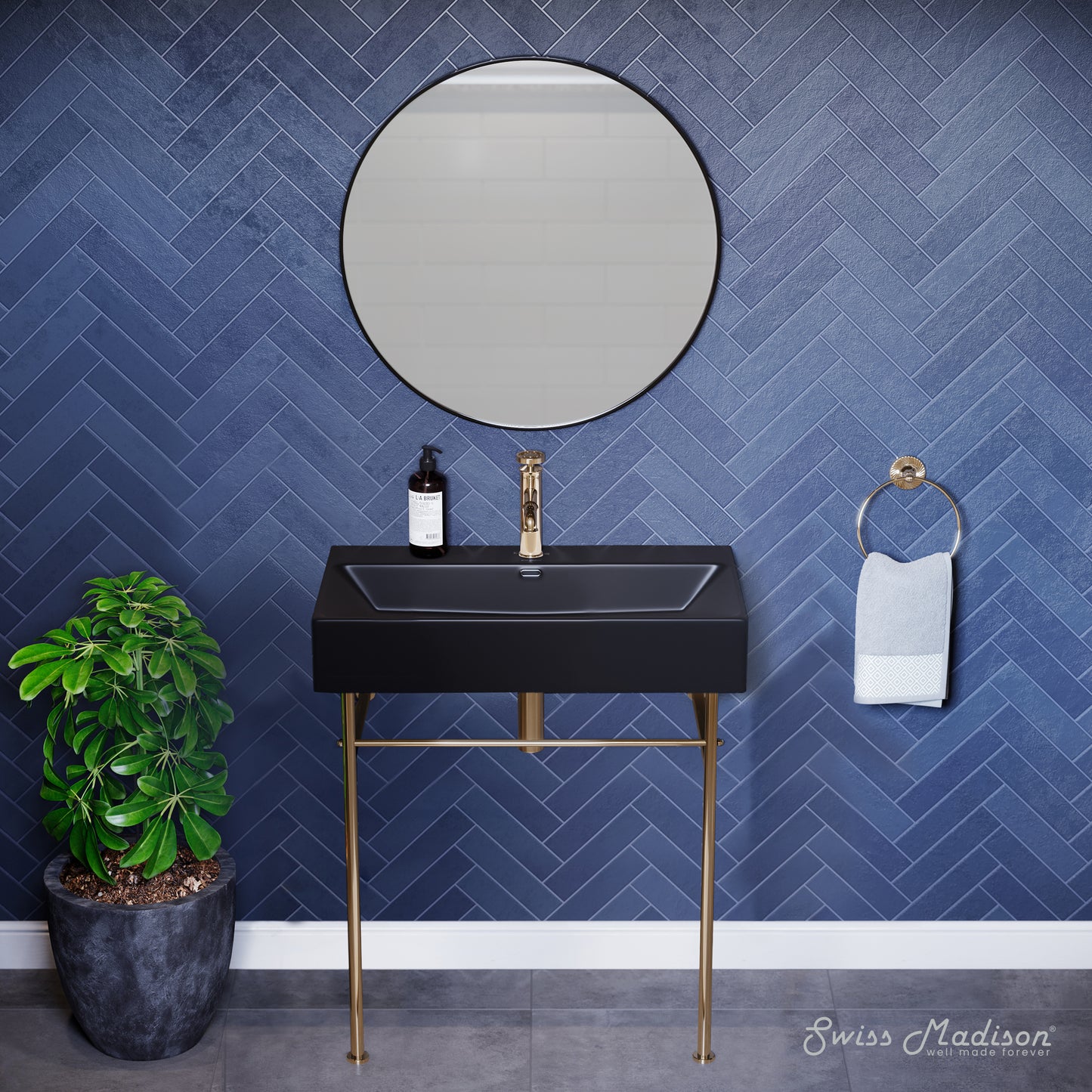 Swiss Madison, Claire 30 Ceramic Console Sink Matte Black Basin Gold Legs