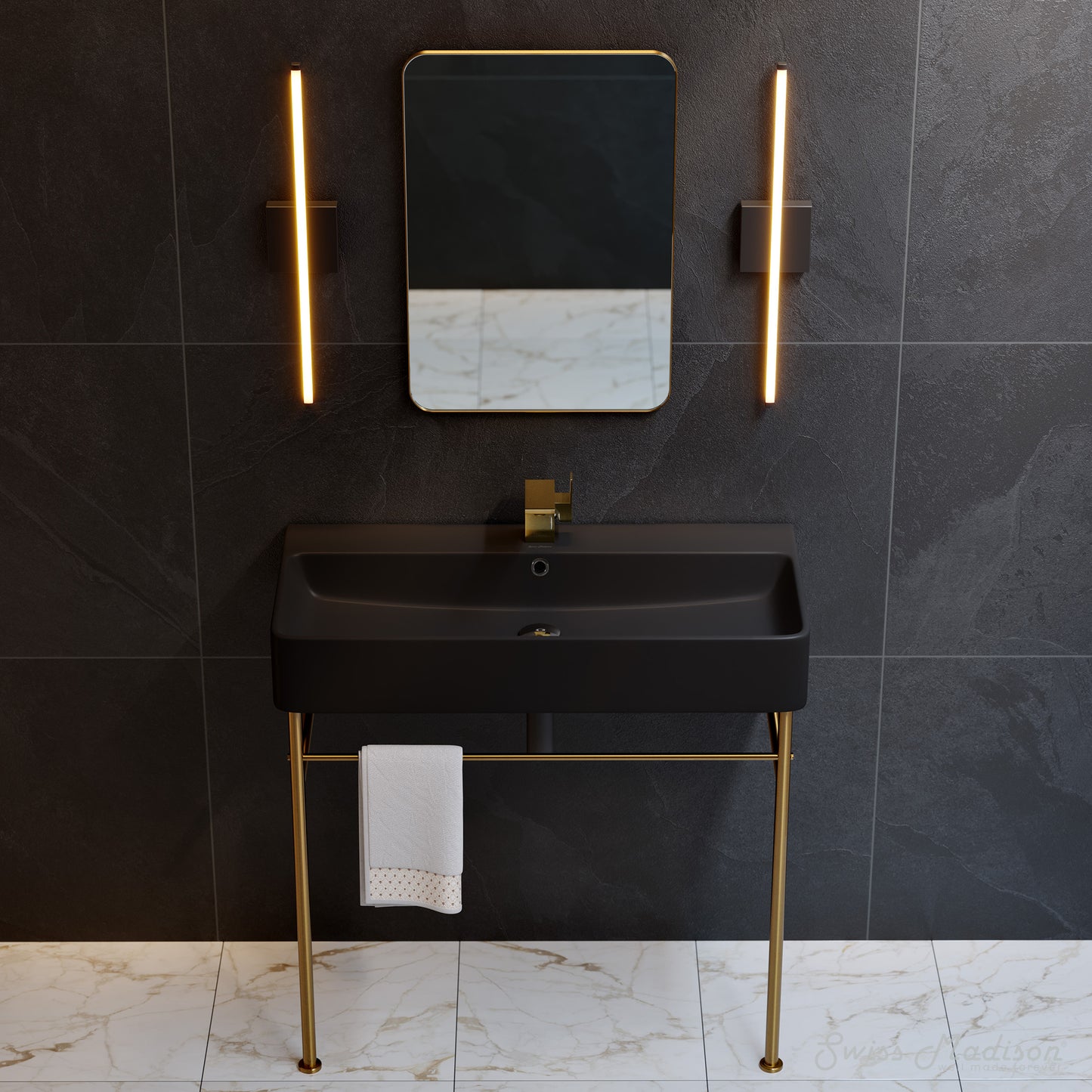 Swiss Madison, Carre 36 Ceramic Console Sink Matte Black Basin Brushed Gold Legs
