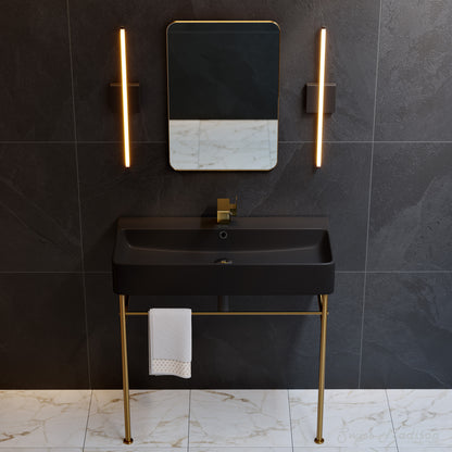 Swiss Madison, Carre 36 Ceramic Console Sink Matte Black Basin Brushed Gold Legs
