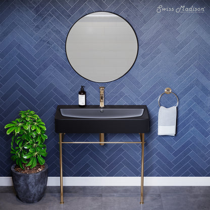 Swiss Madison, Carre 36 Ceramic Console Sink Matte Black Basin Gold Legs
