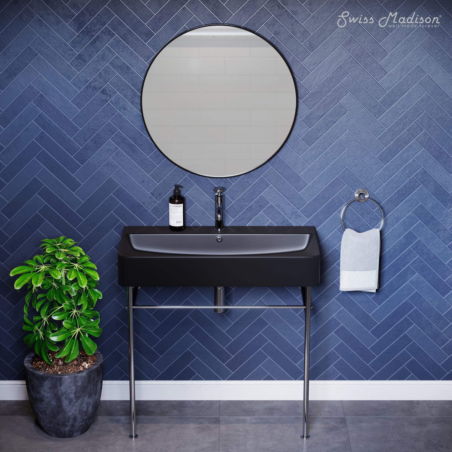 Swiss Madison, Carre 36 Ceramic Console Sink Matte Black Basin Chrome Legs