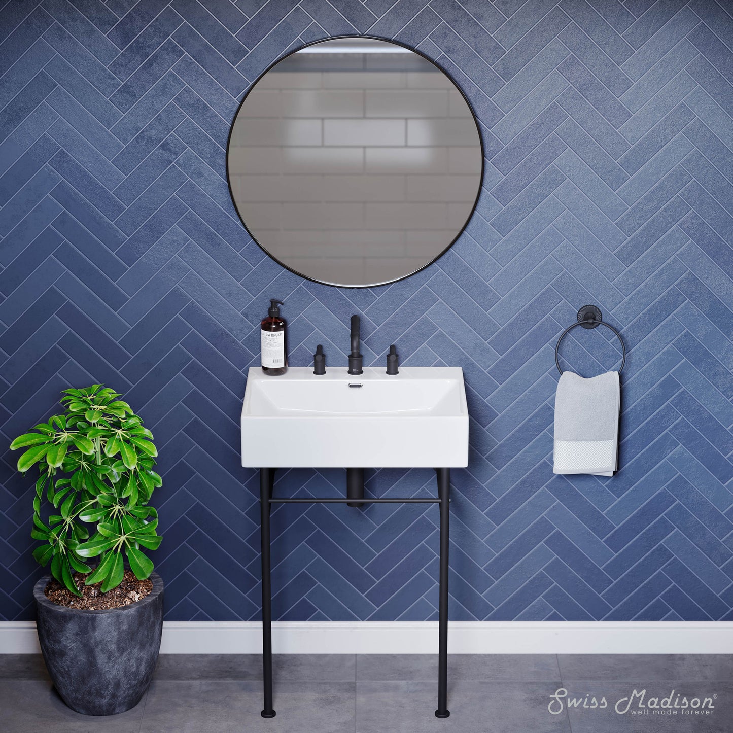 Swiss Madison, Claire 24" Console Sink White Basin Black Legs with 8" Widespread Holes
