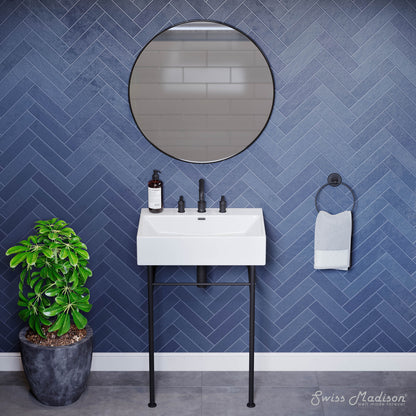 Swiss Madison, Claire 24" Console Sink White Basin Black Legs with 8" Widespread Holes