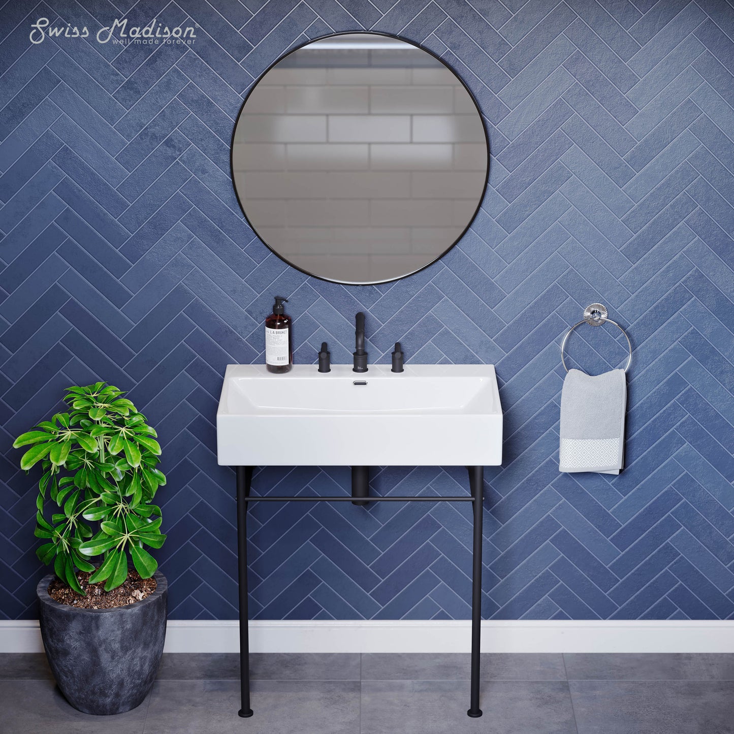 Swiss Madison, Claire 30" Console Sink White Basin Black Legs with 8" Widespread Holes