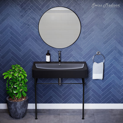 Swiss Madison, Carre 36 Ceramic Console Sink Matte Black Basin Black Legs