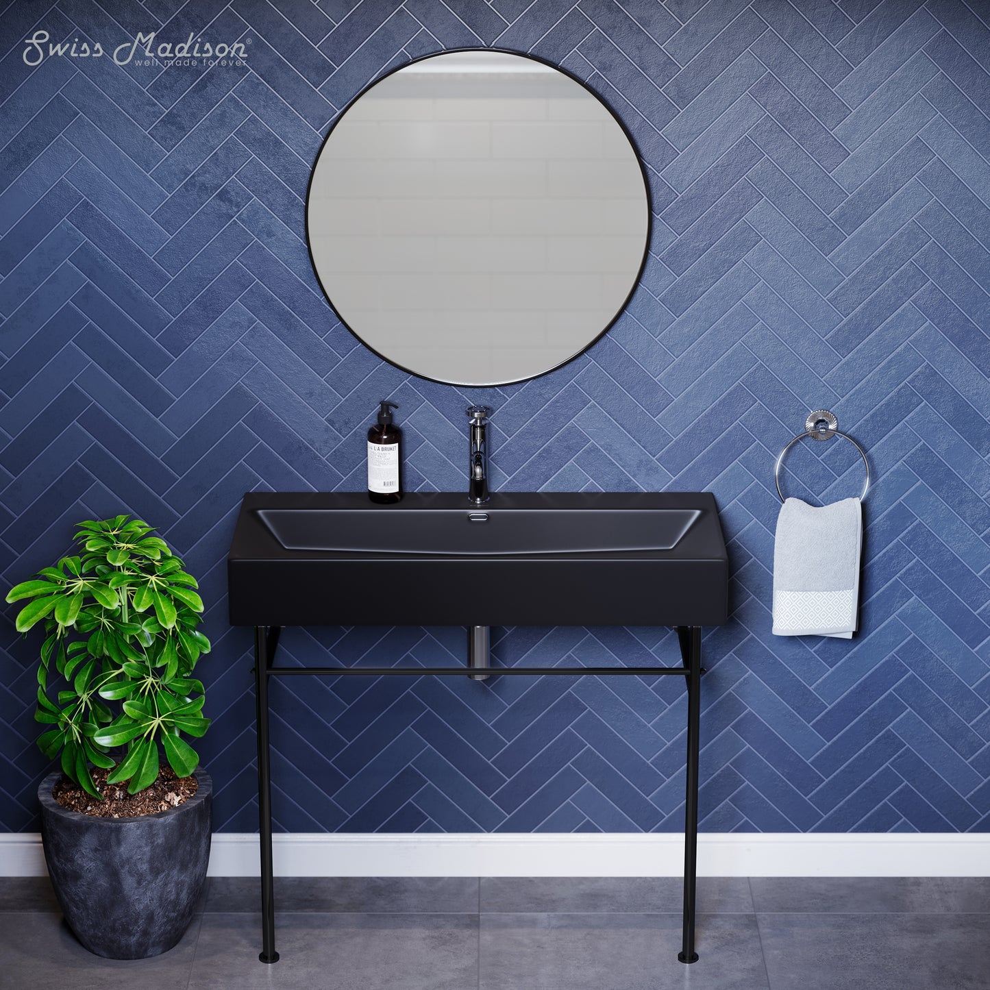 Swiss Madison, Claire 40 Ceramic Console Sink Matte Black Basin Black Legs