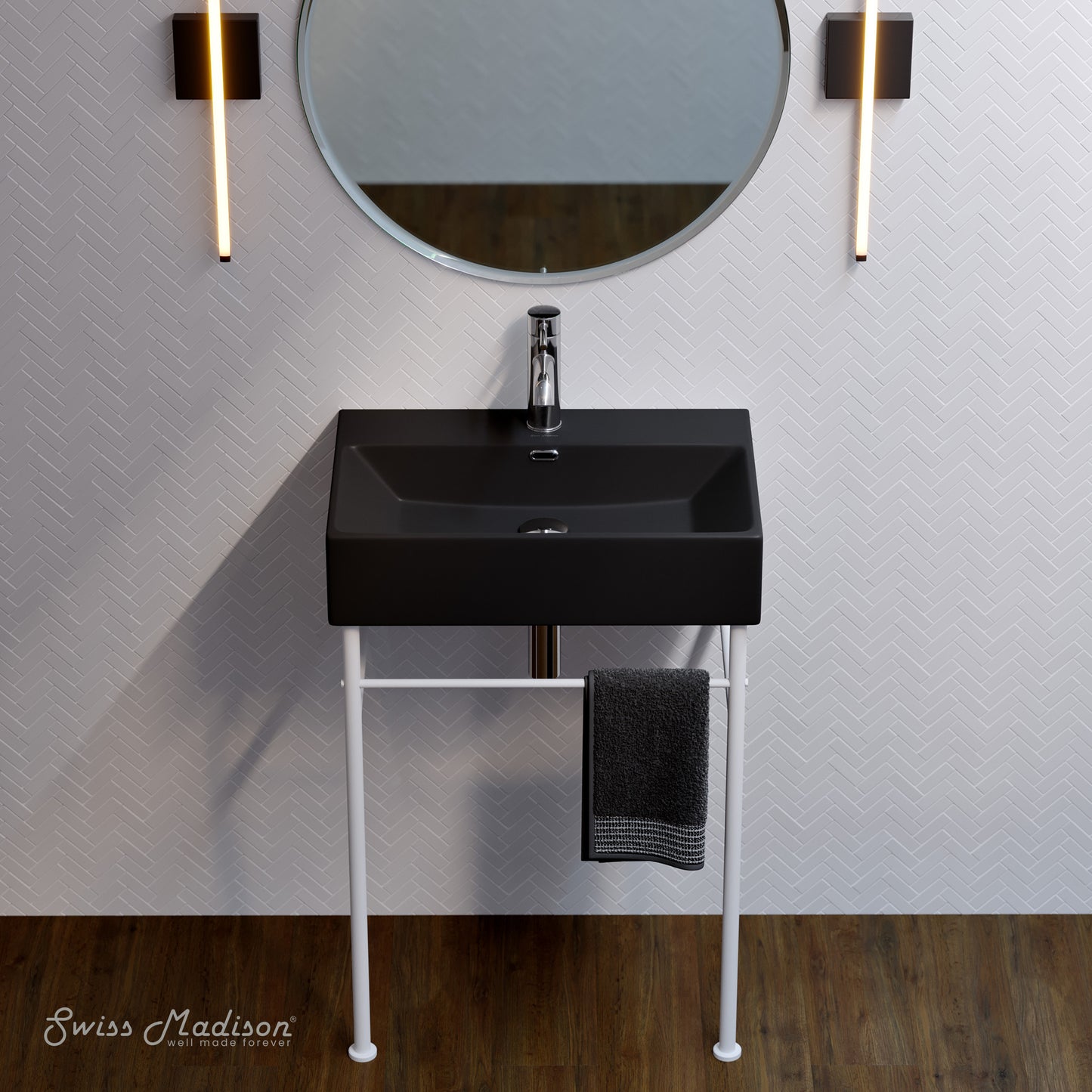 Swiss Madison, Claire 24 Ceramic Console Sink Matte Black Basin Matte White Legs