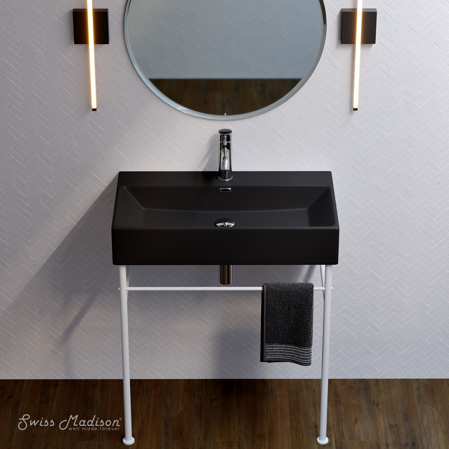 Swiss Madison, Claire 30 Ceramic Console Sink Matte Black Basin Matte White Legs