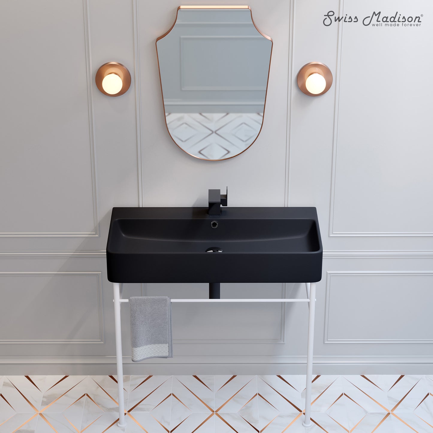 Swiss Madison, Carre 36 Ceramic Console Sink Matte Black Basin Matte White Legs