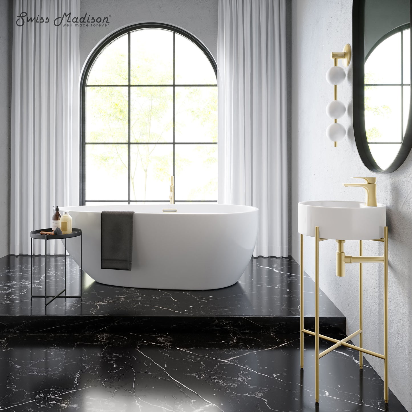 Swiss Madison, Monaco 16" Round Console Sink with Faucet Mount, White Basin Brushed Gold Legs
