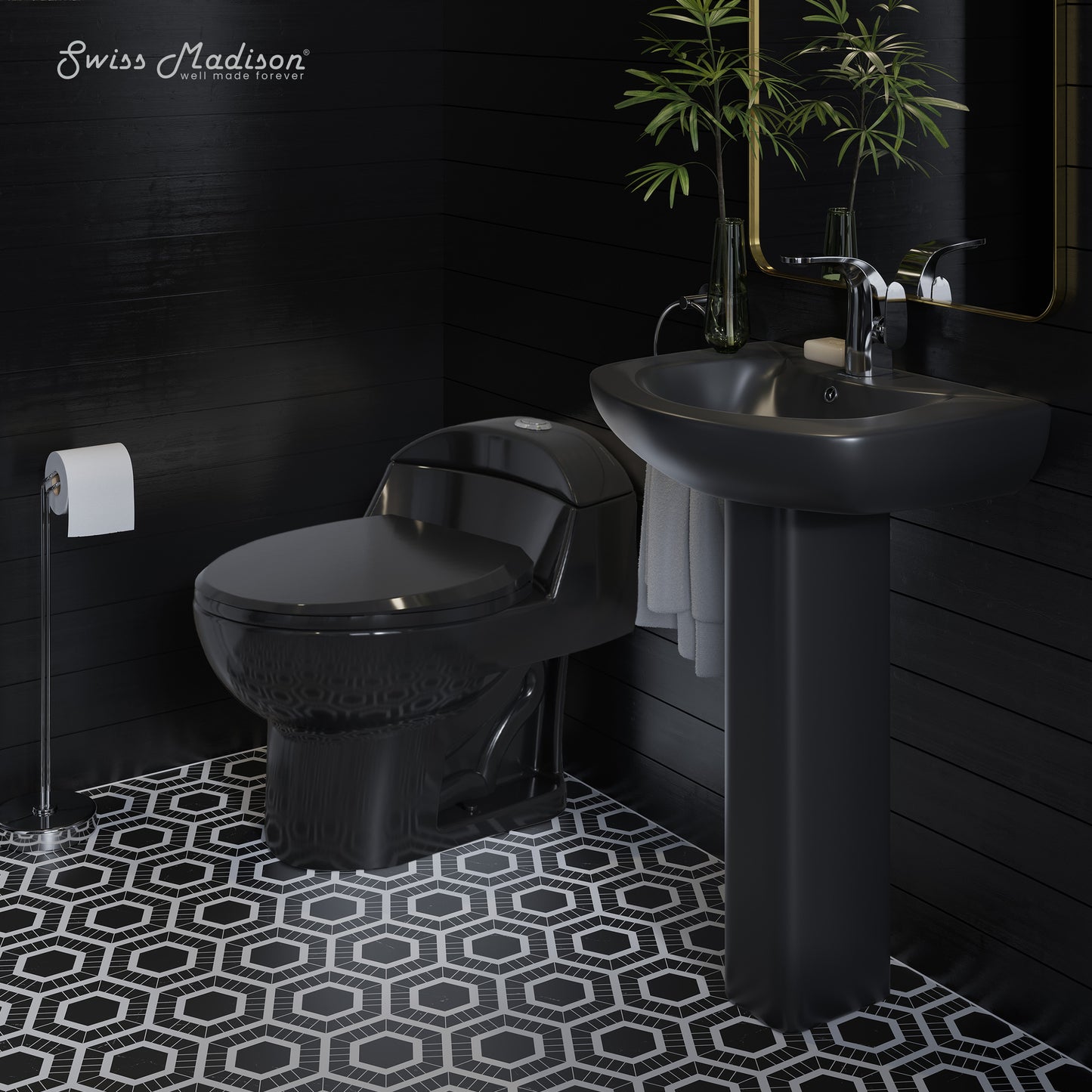 Swiss Madison, Chateau Two-Piece Round Pedestal Sink in Matte Black