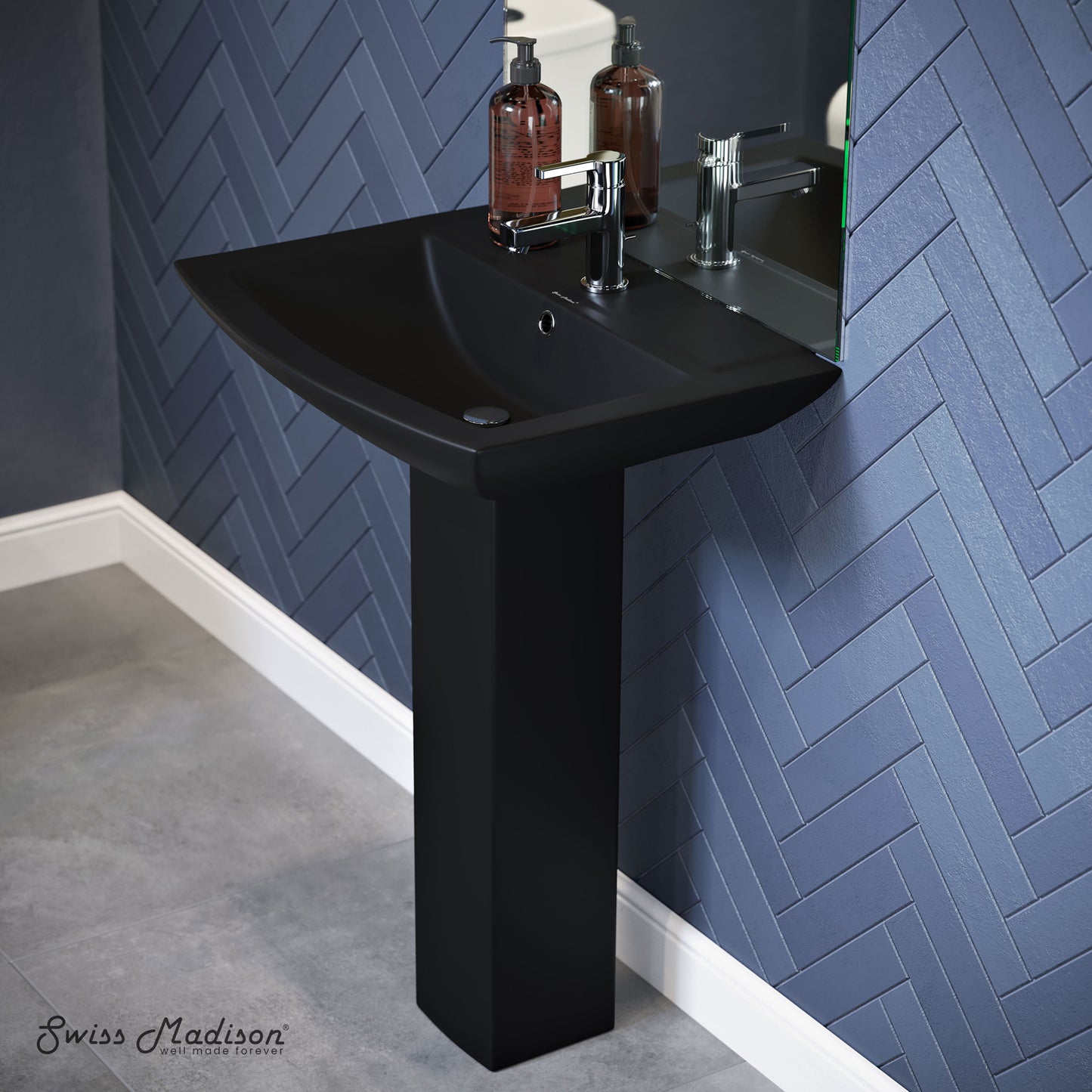 Swiss Madison, Sublime Square Two-Piece Pedestal Sink in Matte Black